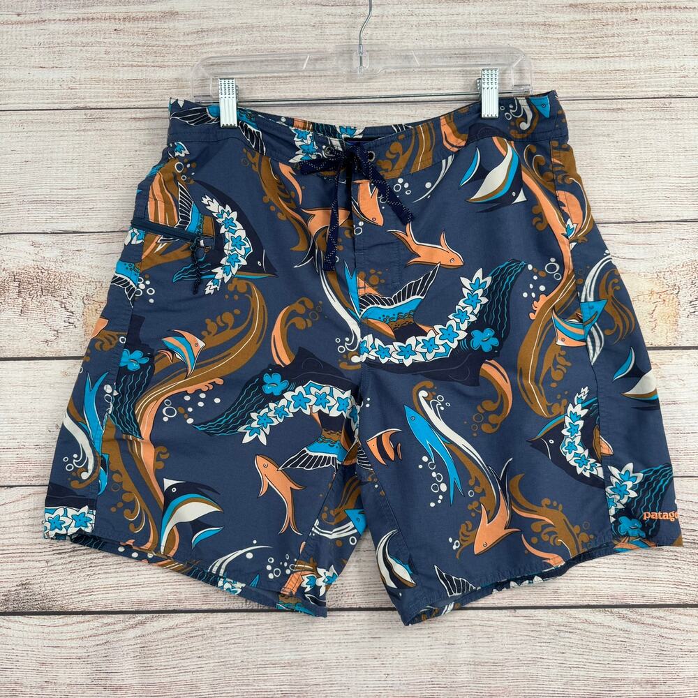 Patagonia Minimalist Wavefarer 10" Board Shorts Mens 34 Blue Fish Print